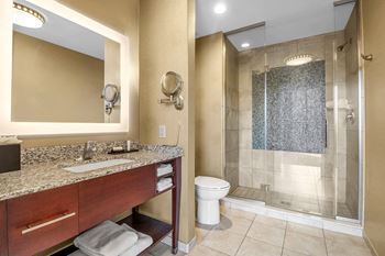 A bathroom with a sink, mirror, toilet, and shower.